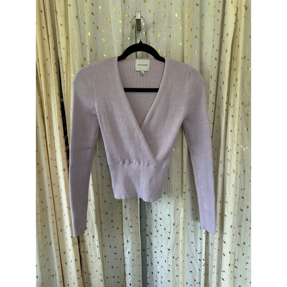 Pink Rose Women's Metallic Lavender Faux Surplice Long Sleeve Sweater S